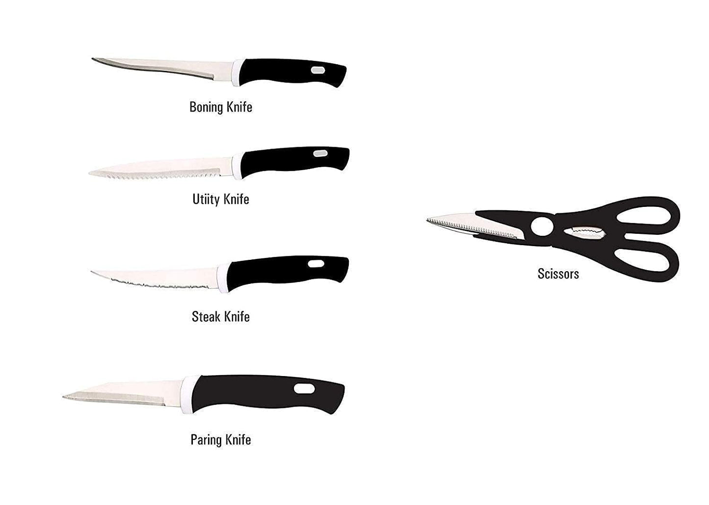 Krugo Creation Chopping Board with Knife Set and Scissor 6 Piece Stainless Steel Kitchen Knife Knives Set with Knife Scissor Wooden Chopping Board(Silver & Black)(Stainless Steel)