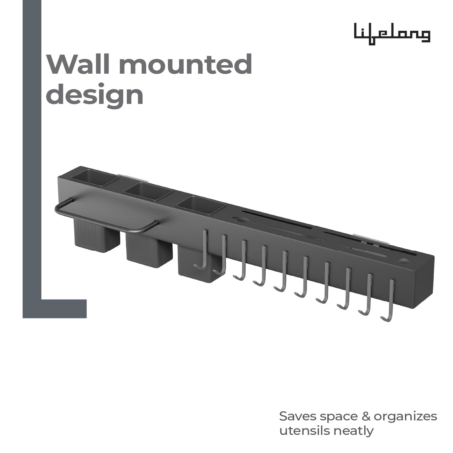 Lifelong Wall-Mounted Kitchen Storage Organizer Rack with Hooks, Knife Holder, Towel Rod, Storage Baskets & Shelf | Multipurpose Modular Kitchen Rack for Utensils, Spoons, Knives, Tools |Space-Saving