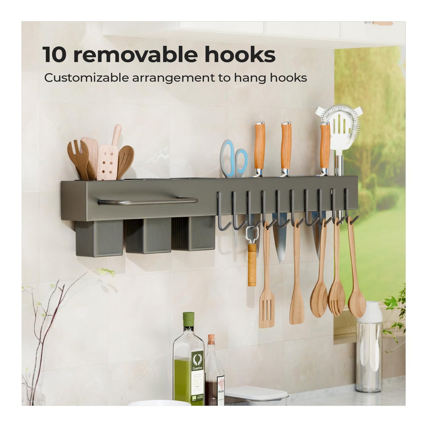 Lifelong Wall-Mounted Kitchen Storage Organizer Rack with Hooks, Knife Holder, Towel Rod, Storage Baskets & Shelf | Multipurpose Modular Kitchen Rack for Utensils, Spoons, Knives, Tools |Space-Saving
