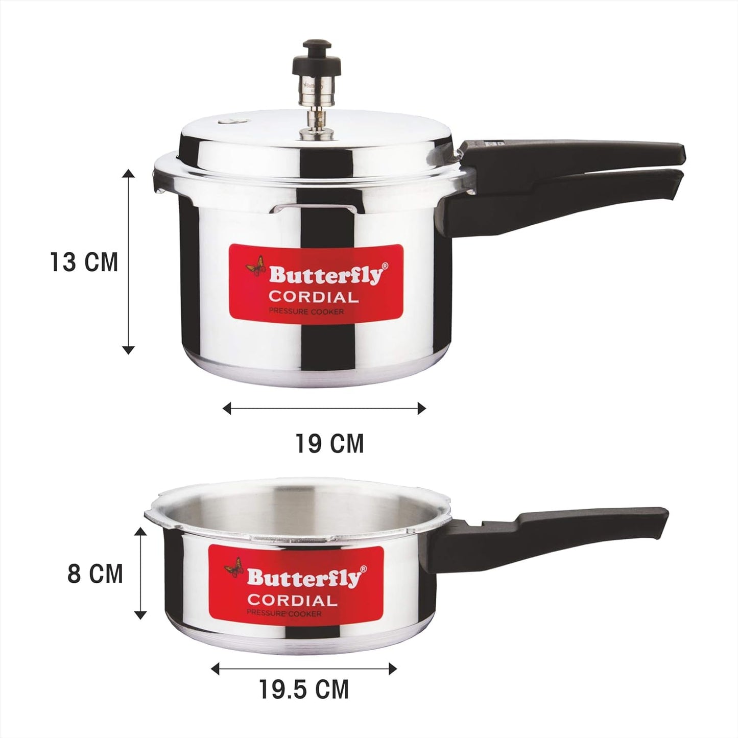 Butterfly Cordial 2 Litres and 3 Litres Pressure Cookers| Outer Lid | Food Grade Virgin Aluminium | Gas Stove Compatible | ISI Certified | 3 Year Manufacturer's Warranty | Silver