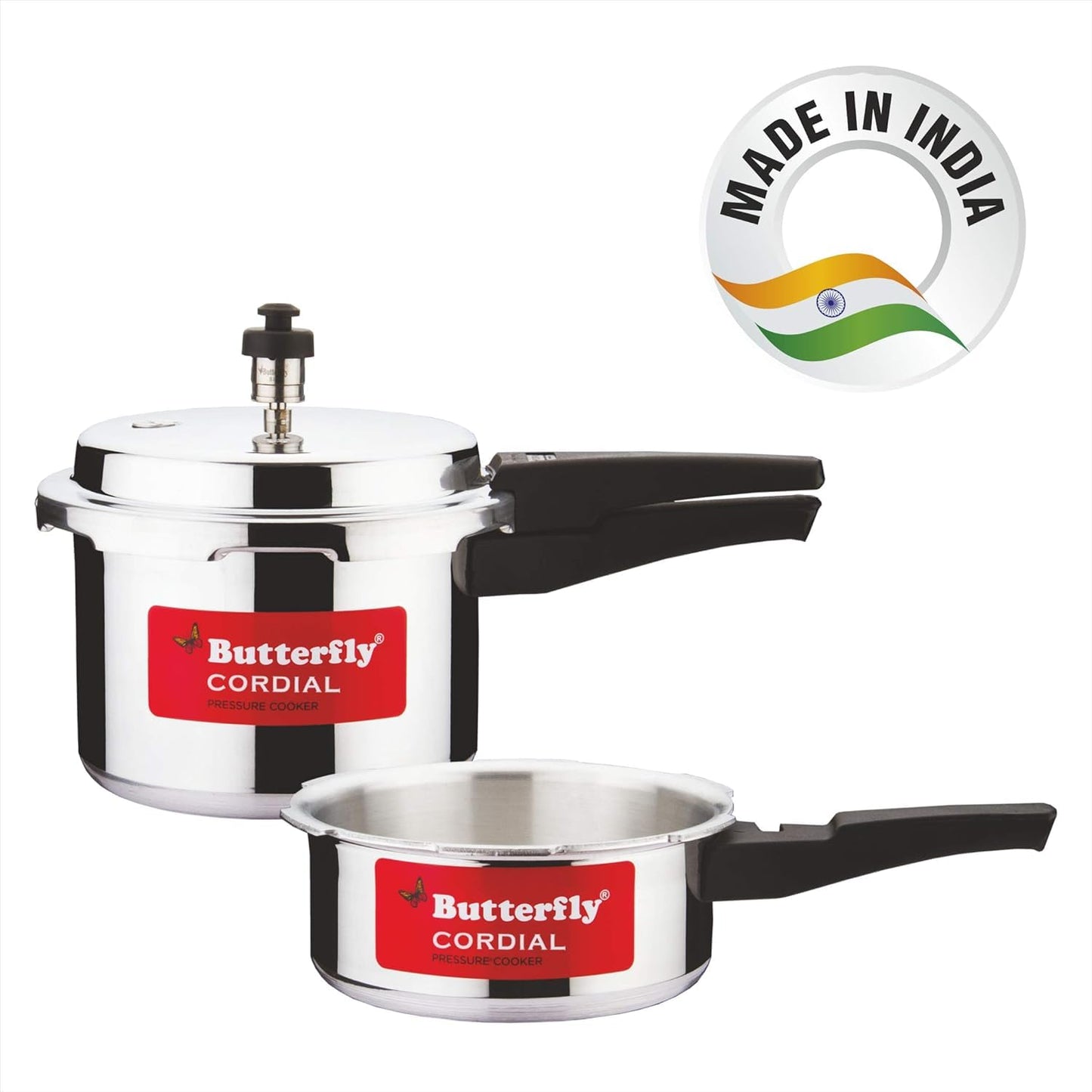 Butterfly Cordial 2 Litres and 3 Litres Pressure Cookers| Outer Lid | Food Grade Virgin Aluminium | Gas Stove Compatible | ISI Certified | 3 Year Manufacturer's Warranty | Silver