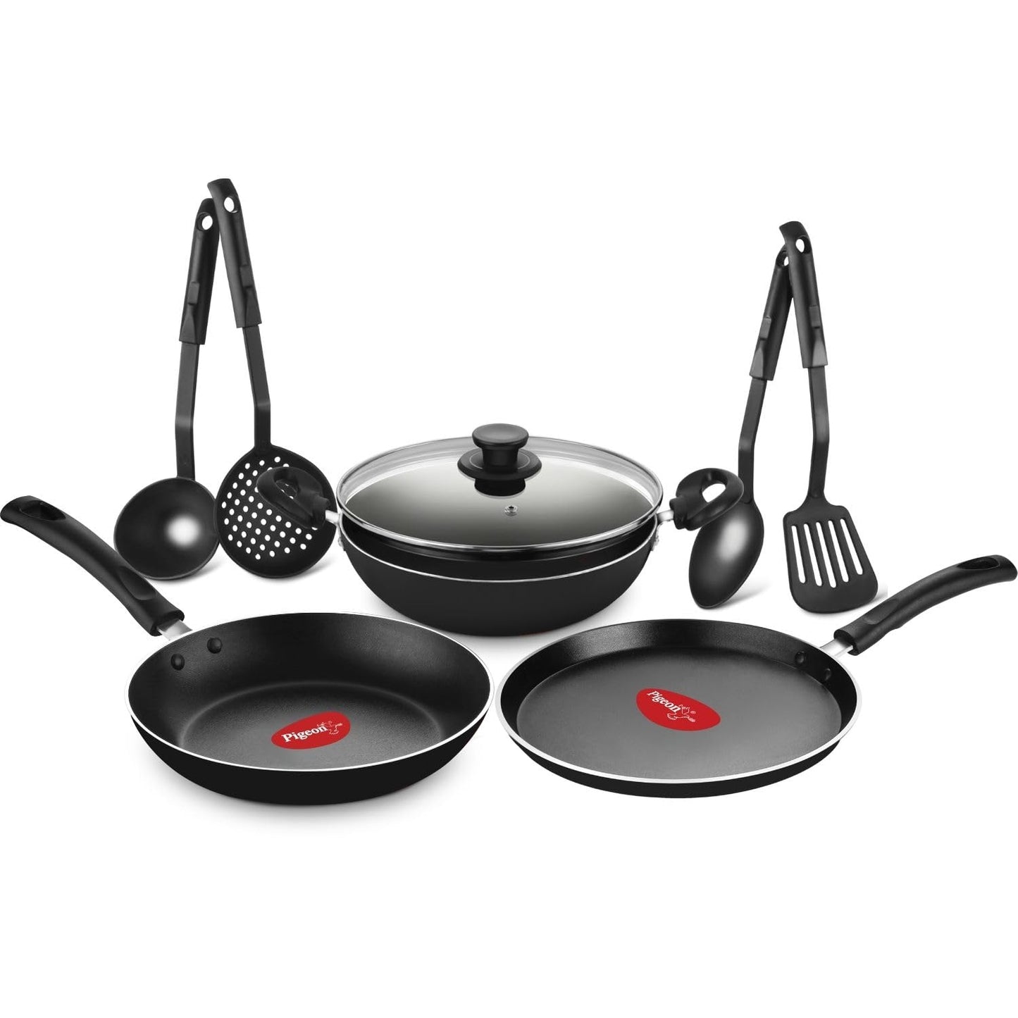 Pigeon by Stovekraft Mio Nonstick Aluminium Cookware Gift Set, Includes Nonstick Flat Tawa, Nonstick Fry Pan, Kitchen Tool Set, Kadai with Glass Lid, 8 Pieces Non-Induction Base Kitchen Set - Red