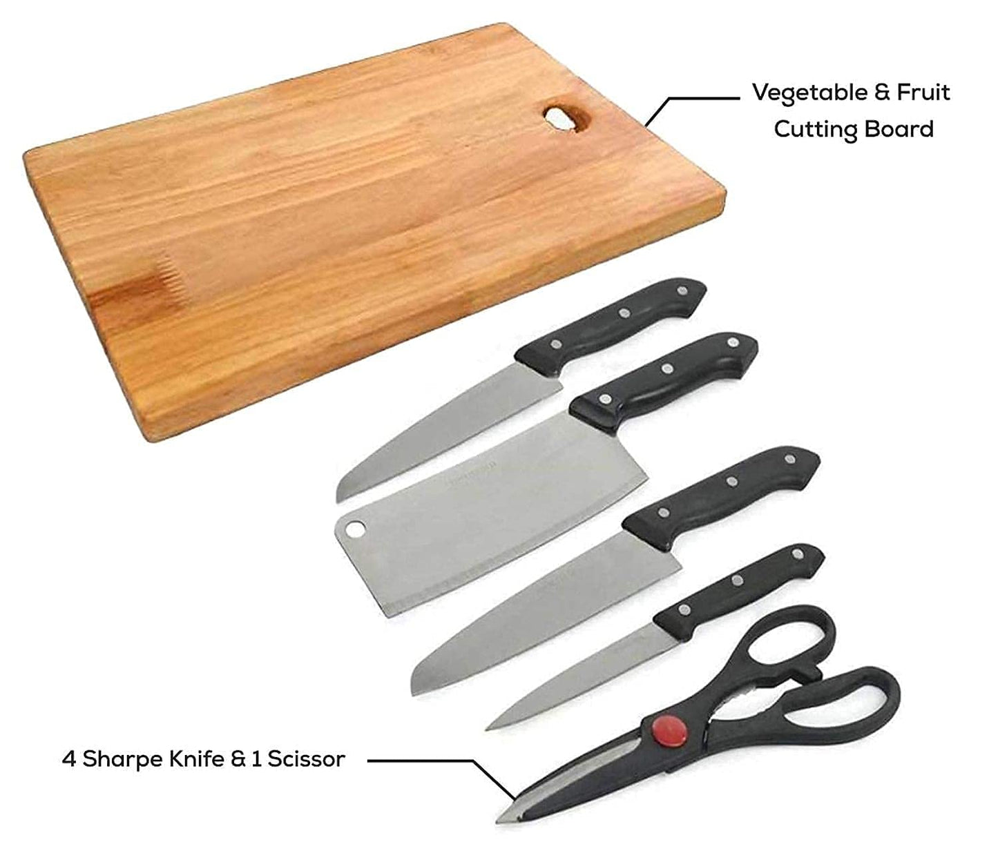 Krugo Creation Chopping Board with Knife Set and Scissor 6 Piece Stainless Steel Kitchen Knife Knives Set with Knife Scissor Wooden Chopping Board(Silver & Black)(Stainless Steel)