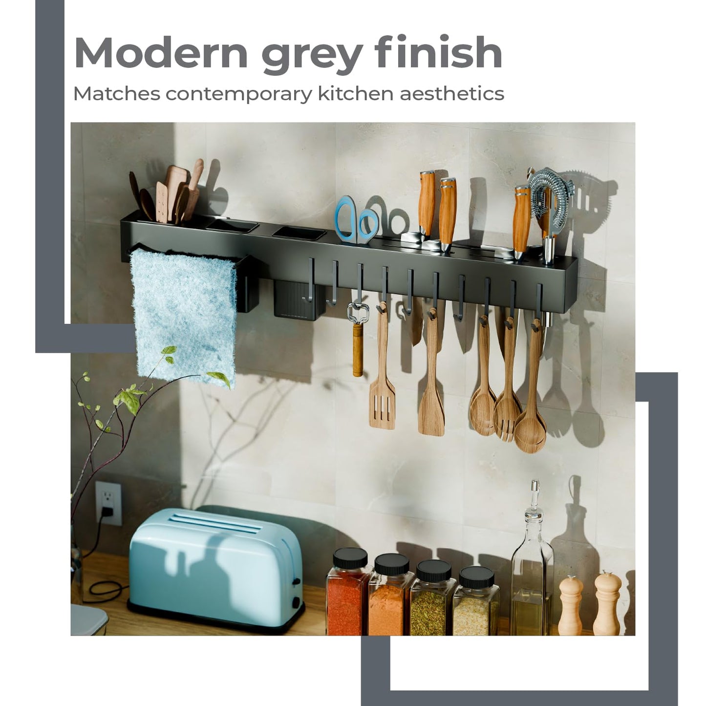 Lifelong Wall-Mounted Kitchen Storage Organizer Rack with Hooks, Knife Holder, Towel Rod, Storage Baskets & Shelf | Multipurpose Modular Kitchen Rack for Utensils, Spoons, Knives, Tools |Space-Saving