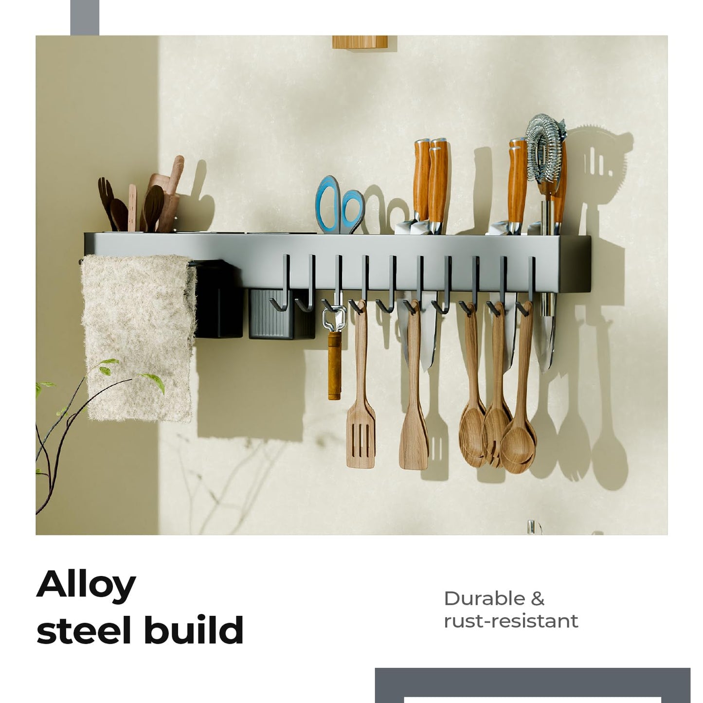 Lifelong Wall-Mounted Kitchen Storage Organizer Rack with Hooks, Knife Holder, Towel Rod, Storage Baskets & Shelf | Multipurpose Modular Kitchen Rack for Utensils, Spoons, Knives, Tools |Space-Saving