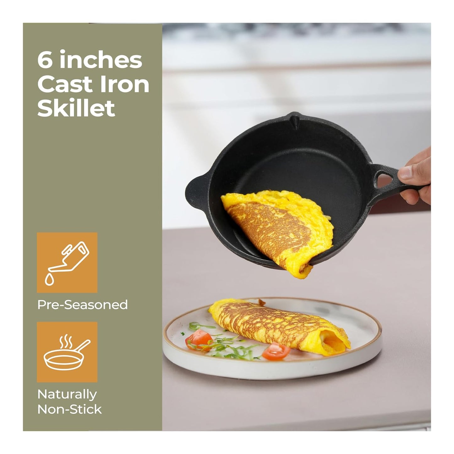 Lifelong Cast Iron Fry Pan 6 Inch with Wooden Spatula | Induction Friendly | Non-Stick Pre-Seasoned 100% Toxin & Teflon Free & Durable | Skillet for Cooking, Searing, Sautéing, & Frying (LLCIFP006)