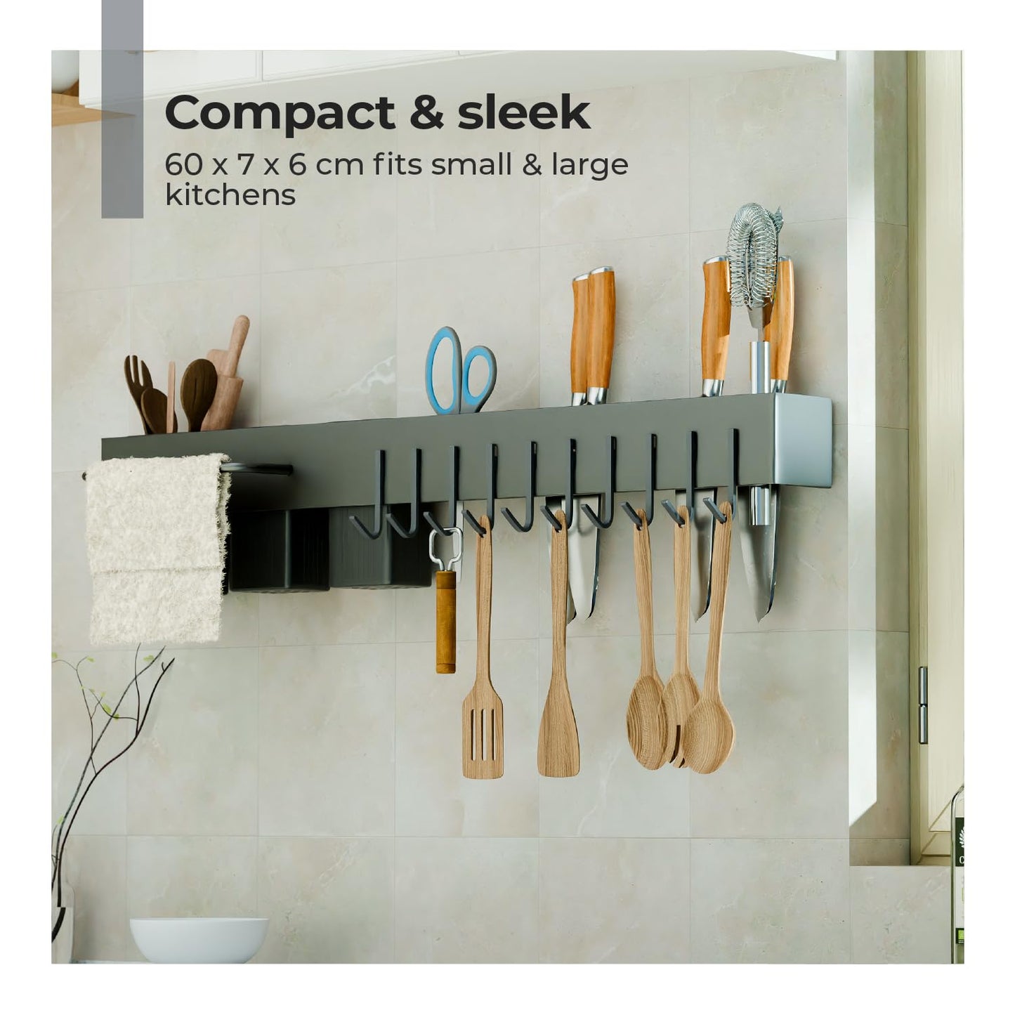 Lifelong Wall-Mounted Kitchen Storage Organizer Rack with Hooks, Knife Holder, Towel Rod, Storage Baskets & Shelf | Multipurpose Modular Kitchen Rack for Utensils, Spoons, Knives, Tools |Space-Saving