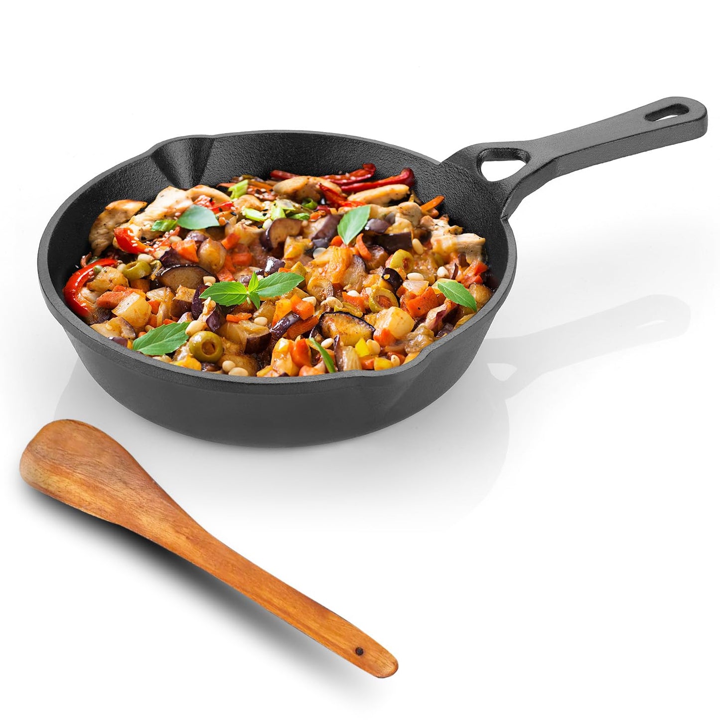 Lifelong Cast Iron Fry Pan 6 Inch with Wooden Spatula | Induction Friendly | Non-Stick Pre-Seasoned 100% Toxin & Teflon Free & Durable | Skillet for Cooking, Searing, Sautéing, & Frying (LLCIFP006)