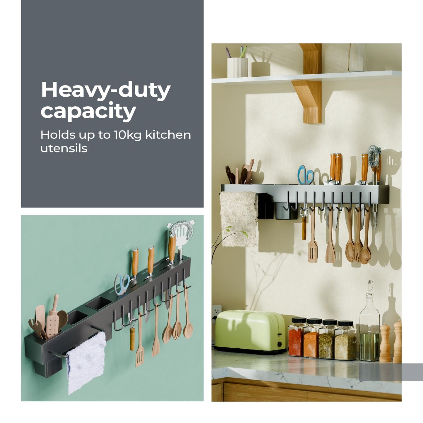 Lifelong Wall-Mounted Kitchen Storage Organizer Rack with Hooks, Knife Holder, Towel Rod, Storage Baskets & Shelf | Multipurpose Modular Kitchen Rack for Utensils, Spoons, Knives, Tools |Space-Saving