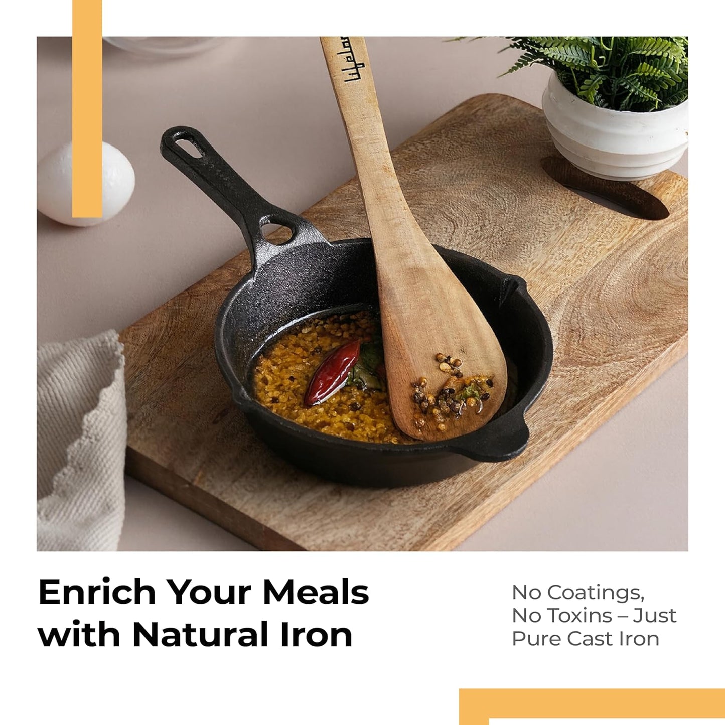 Lifelong Cast Iron Fry Pan 6 Inch with Wooden Spatula | Induction Friendly | Non-Stick Pre-Seasoned 100% Toxin & Teflon Free & Durable | Skillet for Cooking, Searing, Sautéing, & Frying (LLCIFP006)