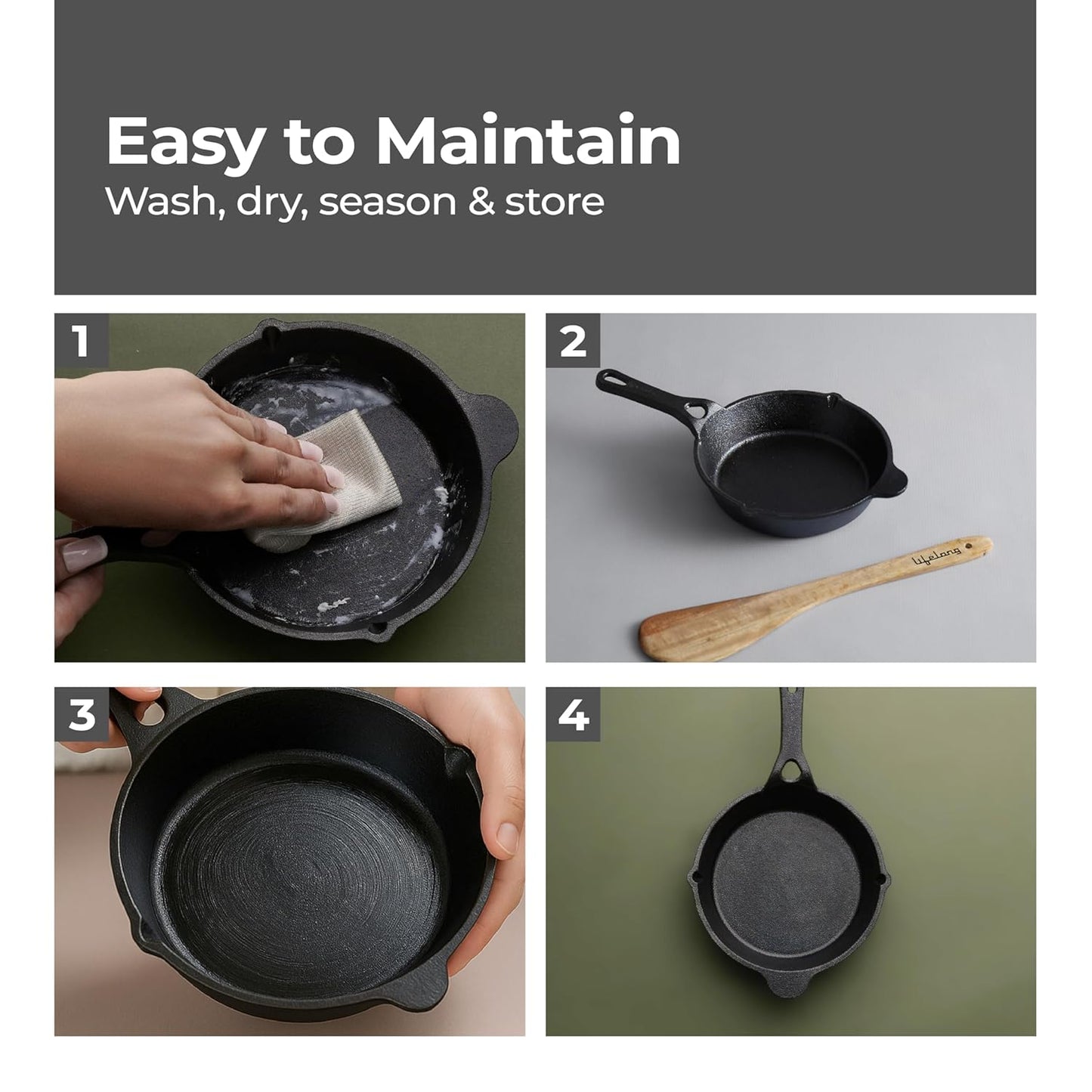 Lifelong Cast Iron Fry Pan 6 Inch with Wooden Spatula | Induction Friendly | Non-Stick Pre-Seasoned 100% Toxin & Teflon Free & Durable | Skillet for Cooking, Searing, Sautéing, & Frying (LLCIFP006)
