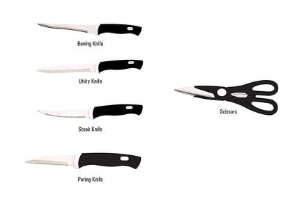 Krugo Creation Chopping Board with Knife Set and Scissor 6 Piece Stainless Steel Kitchen Knife Knives Set with Knife Scissor Wooden Chopping Board(Silver & Black)(Stainless Steel)
