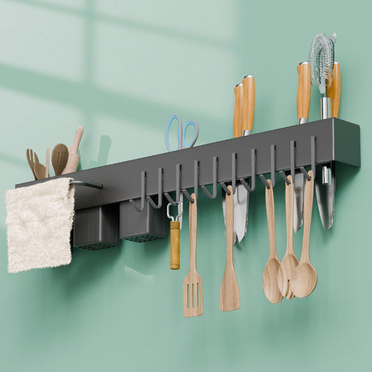 Lifelong Wall-Mounted Kitchen Storage Organizer Rack with Hooks, Knife Holder, Towel Rod, Storage Baskets & Shelf | Multipurpose Modular Kitchen Rack for Utensils, Spoons, Knives, Tools |Space-Saving