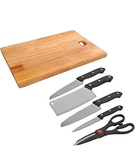 Krugo Creation Chopping Board with Knife Set and Scissor 6 Piece Stainless Steel Kitchen Knife Knives Set with Knife Scissor Wooden Chopping Board(Silver & Black)(Stainless Steel)