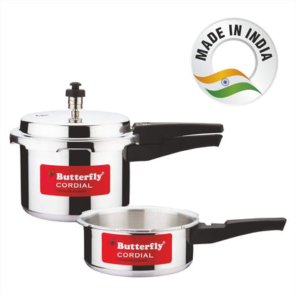 Butterfly Cordial 2 Litres and 3 Litres Pressure Cookers| Outer Lid | Food Grade Virgin Aluminium | Gas Stove Compatible | ISI Certified | 3 Year Manufacturer's Warranty | Silver