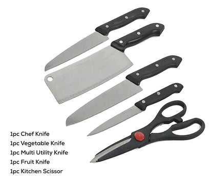 Krugo Creation Chopping Board with Knife Set and Scissor 6 Piece Stainless Steel Kitchen Knife Knives Set with Knife Scissor Wooden Chopping Board(Silver & Black)(Stainless Steel)