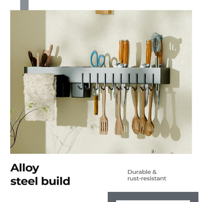 Lifelong Wall-Mounted Kitchen Storage Organizer Rack with Hooks, Knife Holder, Towel Rod, Storage Baskets & Shelf | Multipurpose Modular Kitchen Rack for Utensils, Spoons, Knives, Tools |Space-Saving