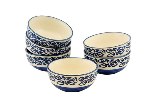 Yourowndcor Hand-Painted Multicolored Ceramic Floral Bowls Set (6 Pack, 180 ML, Medium Size, Blue, Glossy Finish, Round Shape, Microwave & Dishwasher Safe)