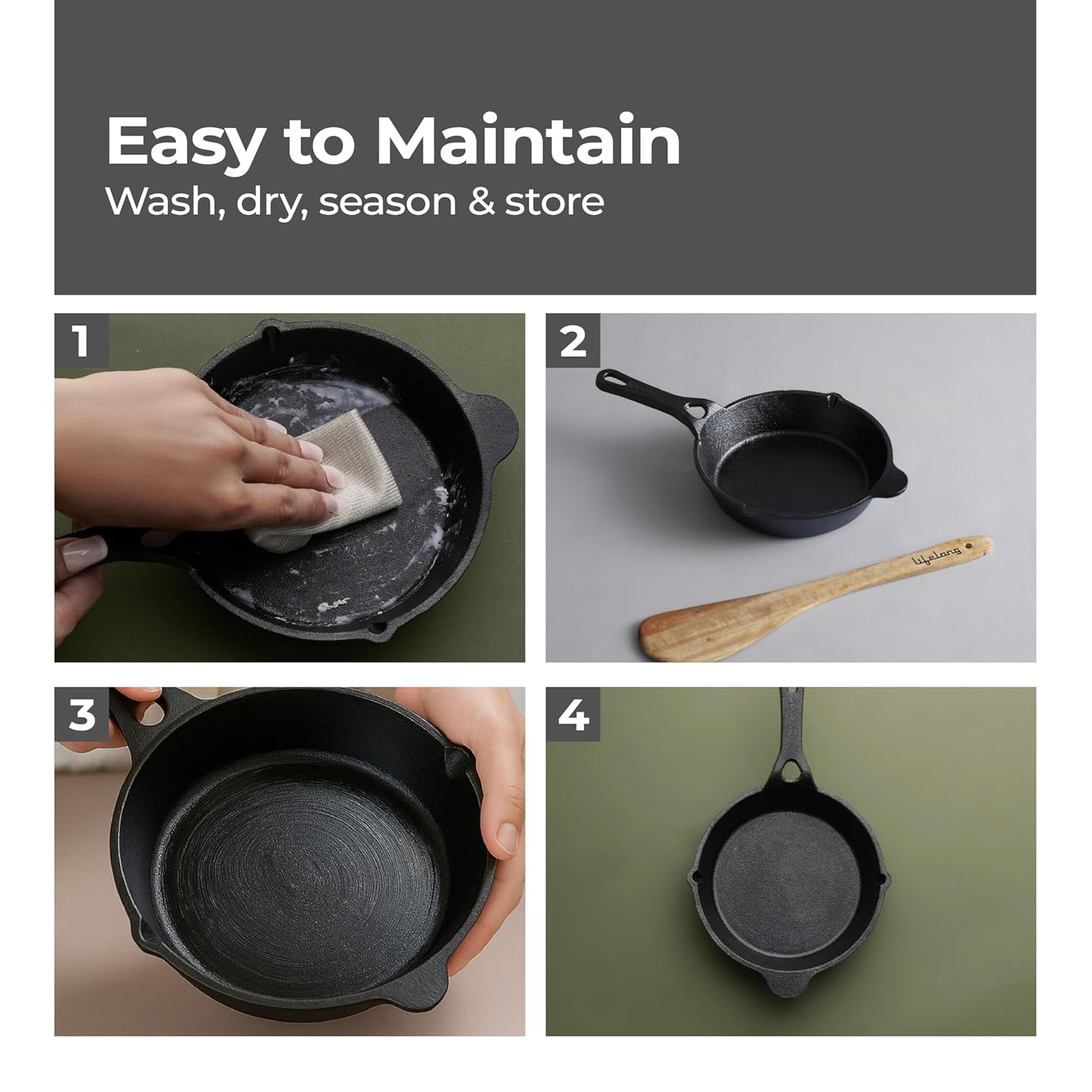 Lifelong Cast Iron Fry Pan 6 Inch with Wooden Spatula | Induction Friendly | Non-Stick Pre-Seasoned 100% Toxin & Teflon Free & Durable | Skillet for Cooking, Searing, Sautéing, & Frying (LLCIFP006)